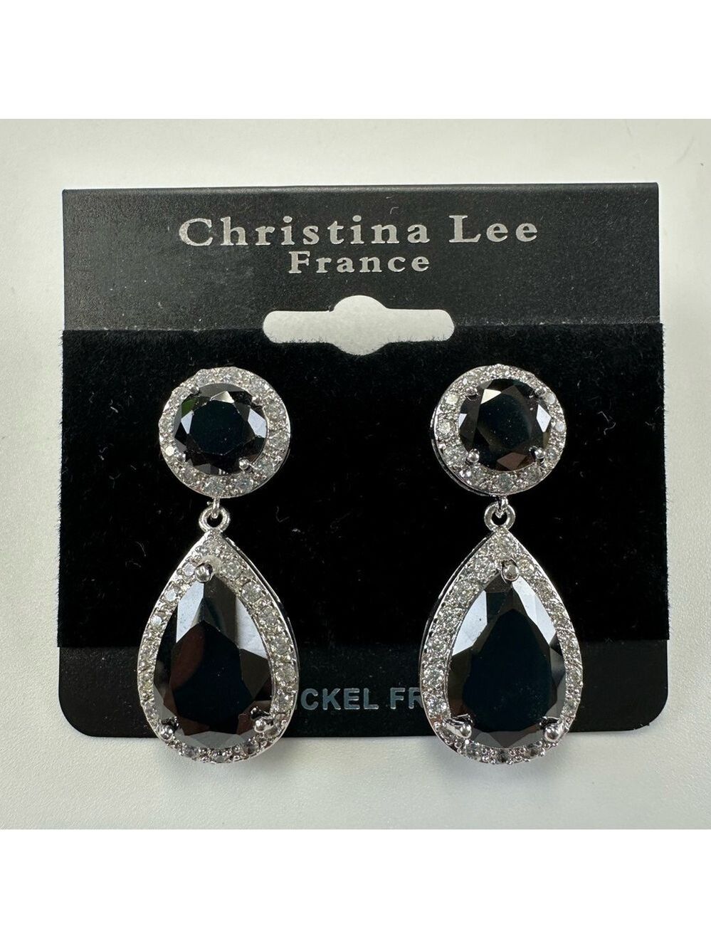 Black teardrop crystal bezel earring NEW dangle Nickle Free Wedding Formal Party